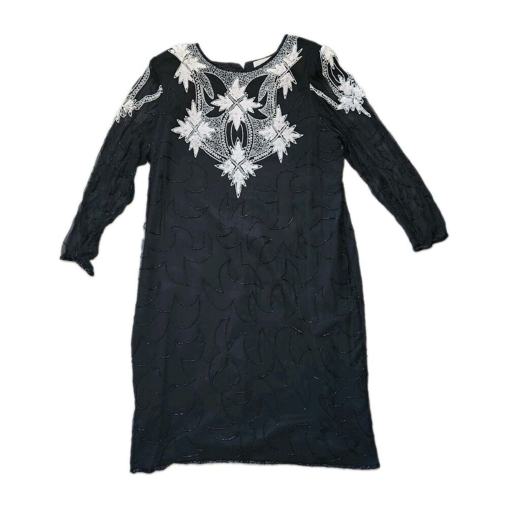 Amoureuse 100% Silk Black Beaded Embellished Evening Cocktail Shift Dress Sz B2